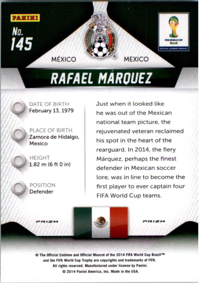 2014 Panini Prizm World Cup Prizms Yellow and Red Pulsar #145 Rafael Marquez back image
