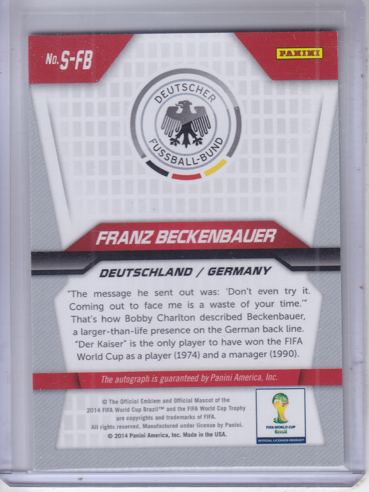 2014 Panini Prizm World Cup Signatures #SFB Franz Beckenbauer back image