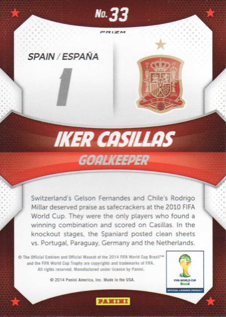 2014 Panini Prizm World Cup World Cup Stars Prizms Red White and Blue #33 Iker Casillas back image