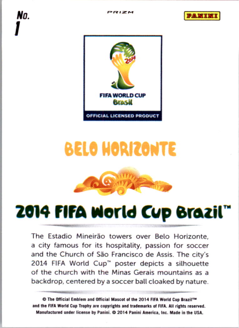 2014 Panini Prizm World Cup World Cup Posters Prizms Yellow and Red Pulsar #1 Belo Horizonte back image