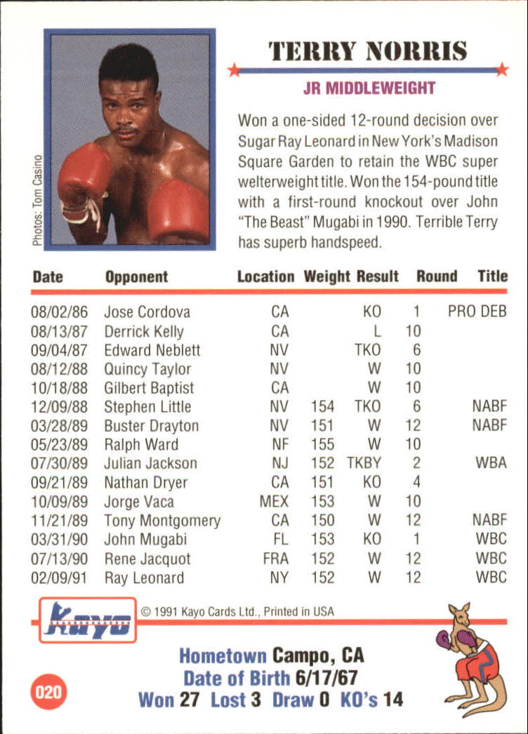 1991 Kayo #20 Terry Norris back image