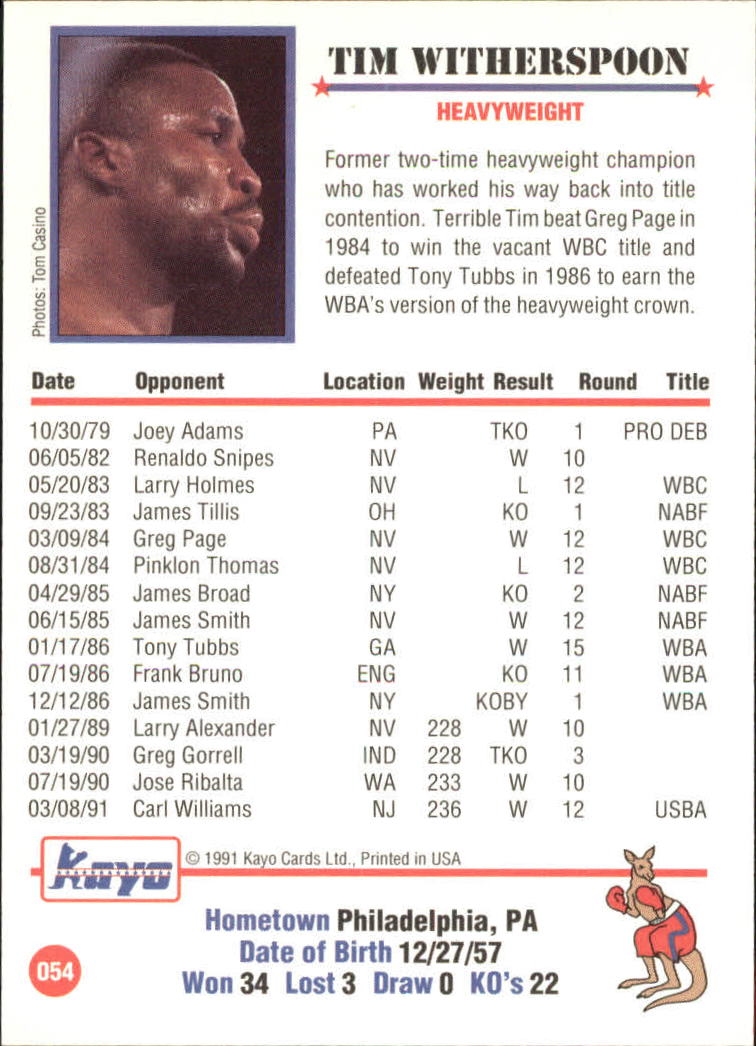 1991 Kayo #54 Tim Witherspoon back image