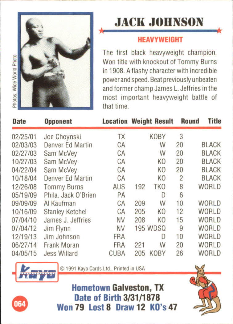 1991 Kayo #64 Jack Johnson back image