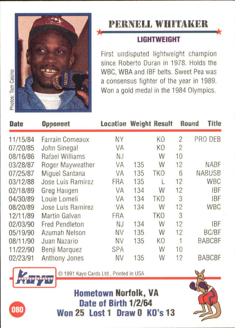 1991 Kayo #80 Pernell Whitaker back image