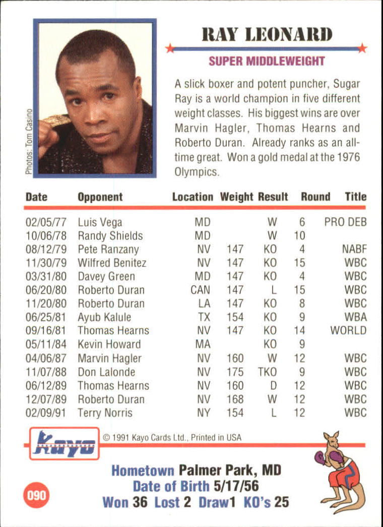 1991 Kayo #90 Sugar Ray Leonard back image