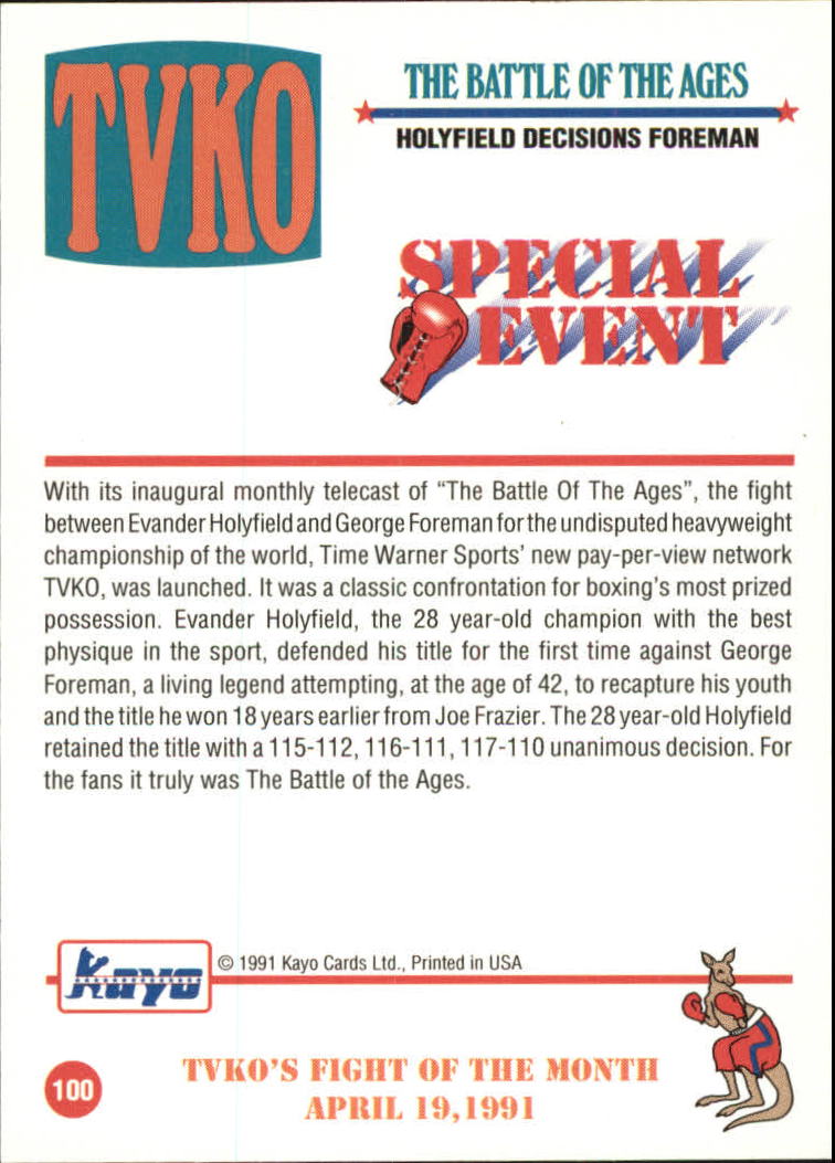 1991 Kayo #100 Holyfield Decisions Foreman HOLO back image