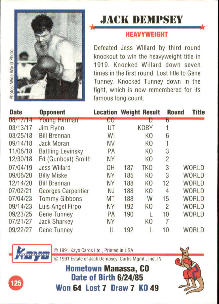 1991 Kayo #125 Jack Dempsey back image