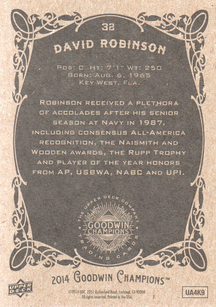 2014 Upper Deck Goodwin Champions #32 David Robinson back image