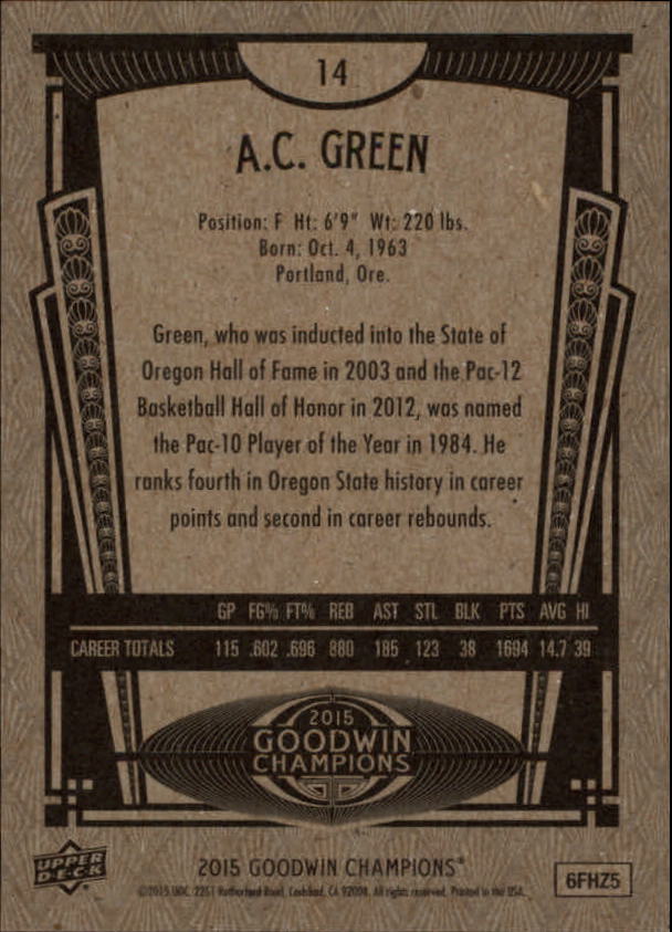 2015 Upper Deck Goodwin Champions #14 A.C. Green back image