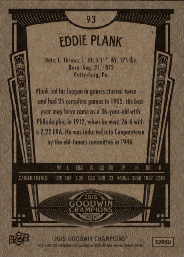 2015 Upper Deck Goodwin Champions #93 Eddie Plank back image
