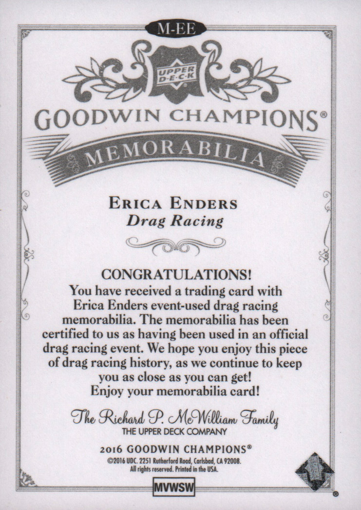 2016 Upper Deck Goodwin Champions Memorabilia #MEE Erica Enders F back image