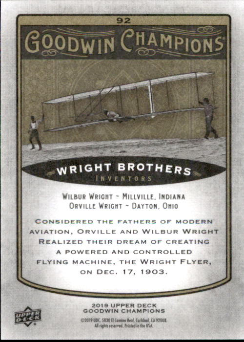 2019 Upper Deck Goodwin Champions #92 Wright Brothers back image