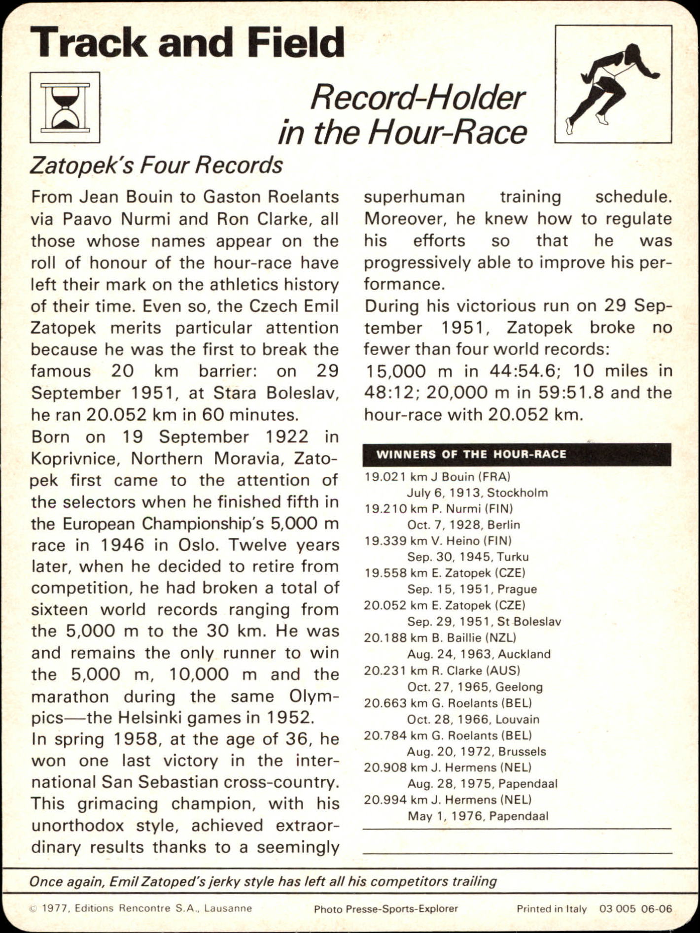 1977-79 Sportscaster Series 6 #606 Record-Holder in the Hour-Race/Emil Zatoped back image