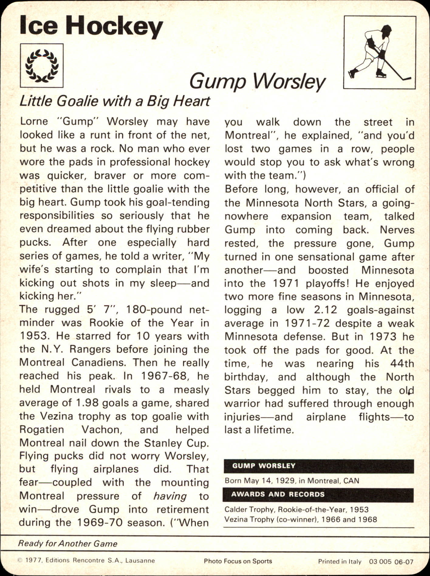 1977-79 Sportscaster Series 6 #607 Gump Worsley back image
