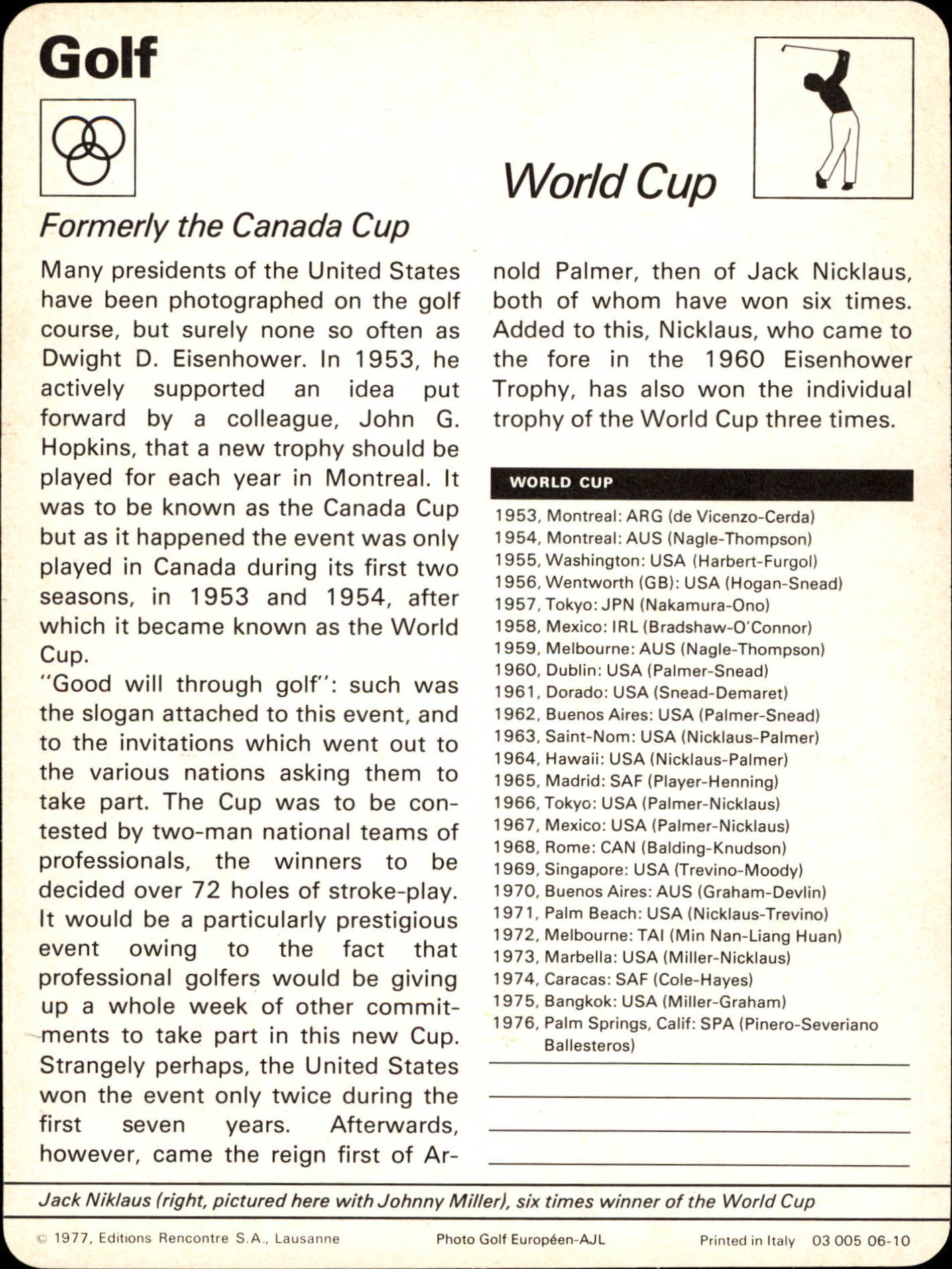 1977-79 Sportscaster Series 6 #610 World Cup/Jack Nicklaus/Johnny Miller back image