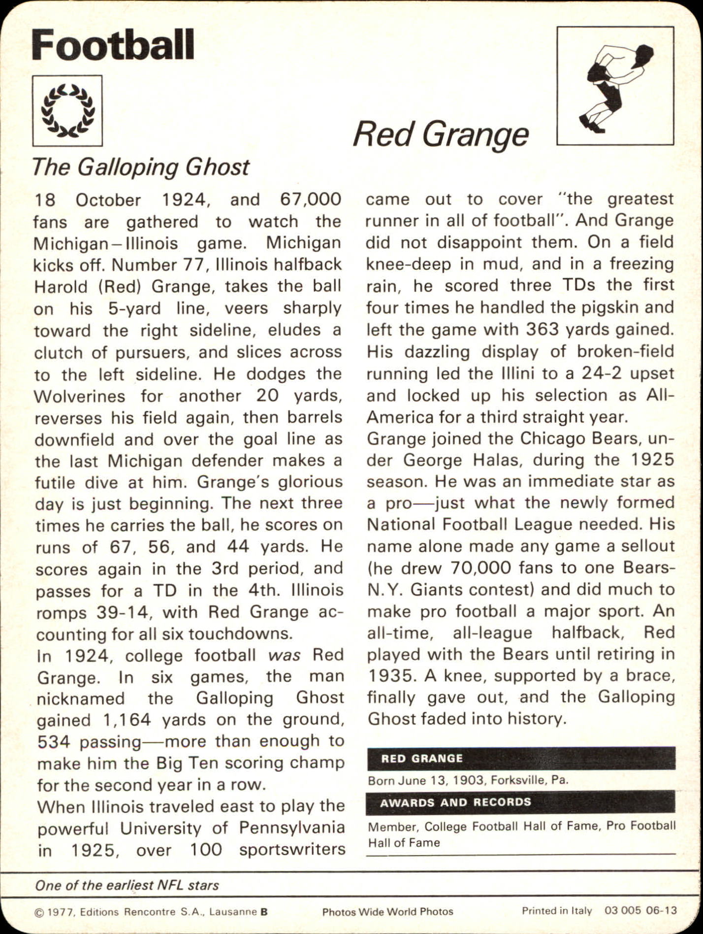 1977-79 Sportscaster Series 6 #613 Red Grange back image