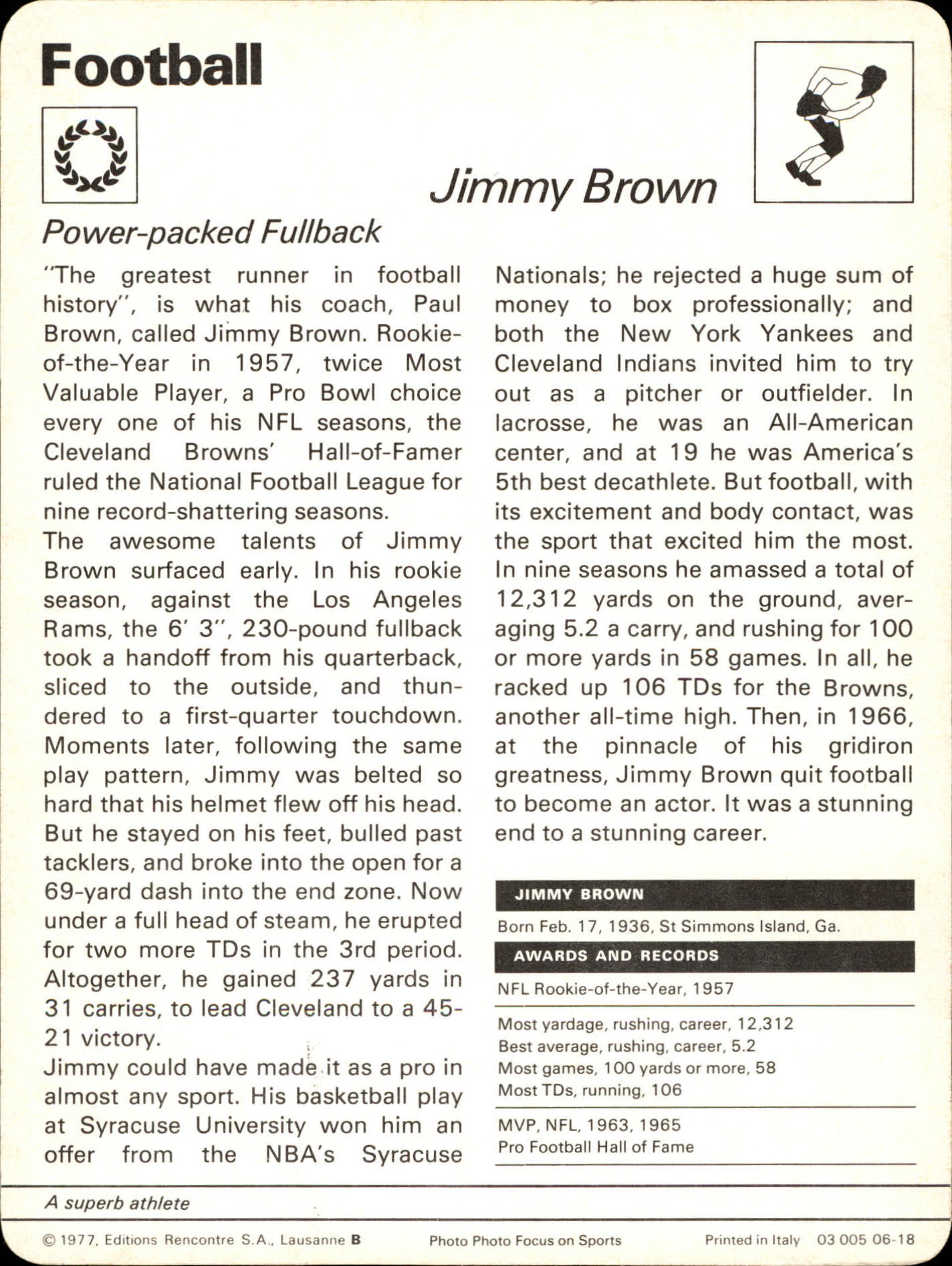 1977-79 Sportscaster Series 6 #618 Jim Brown back image