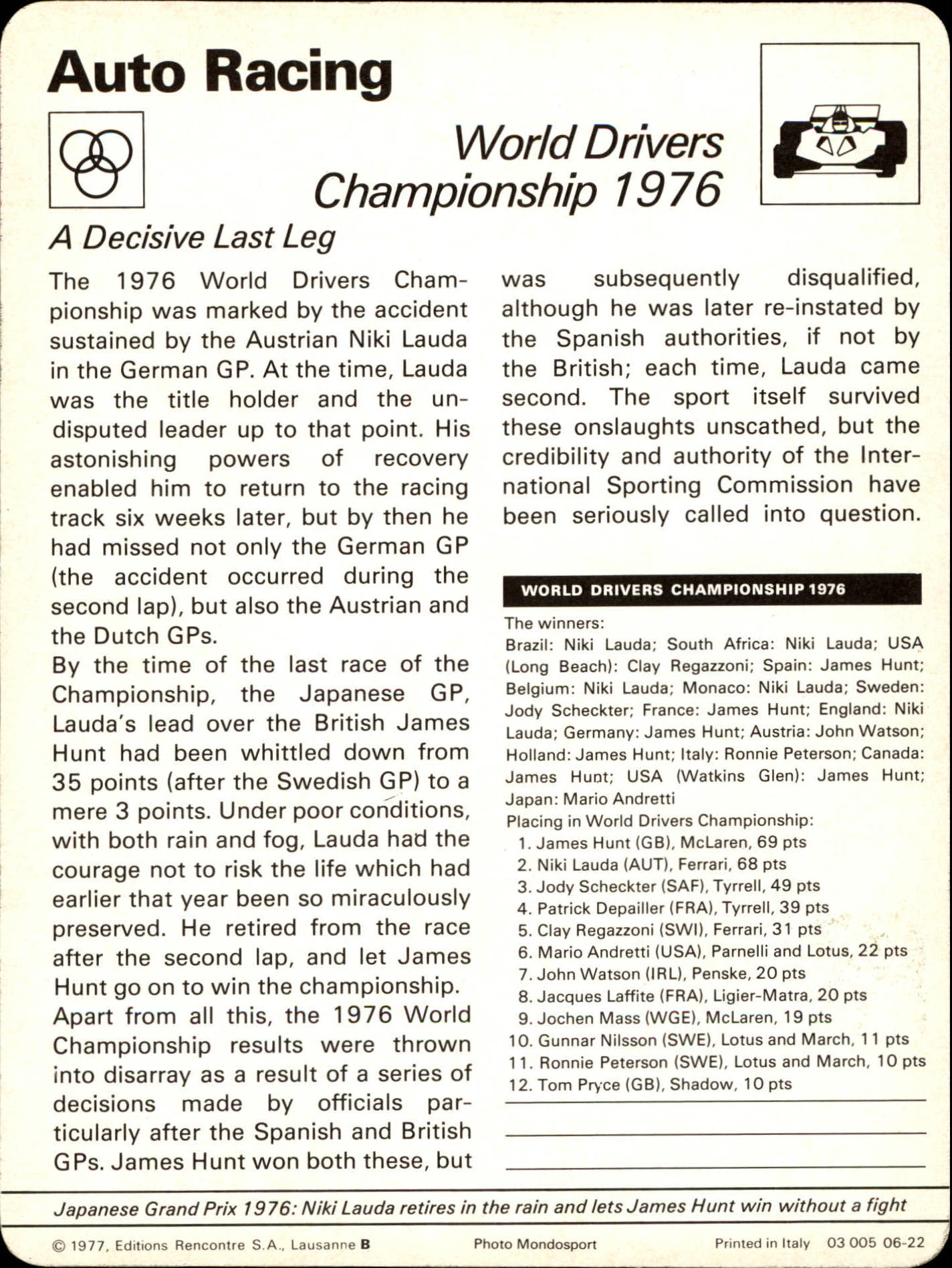 1977-79 Sportscaster Series 6 #622 World Drivers Championship 1976 back image
