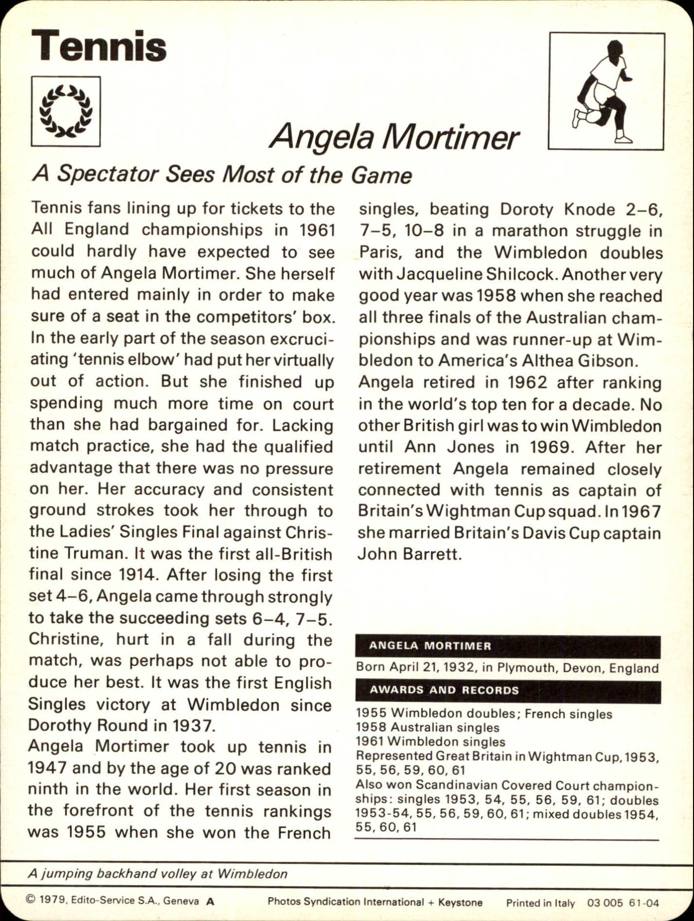 1977-79 Sportscaster Series 61 #6104 Angela Mortimer back image