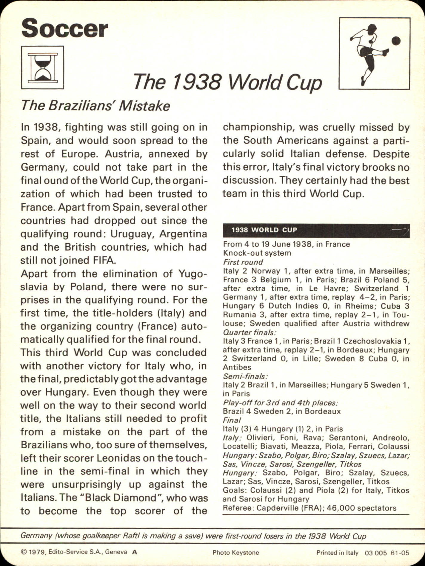 1977-79 Sportscaster Series 61 #6105 The 1938 World Cup back image