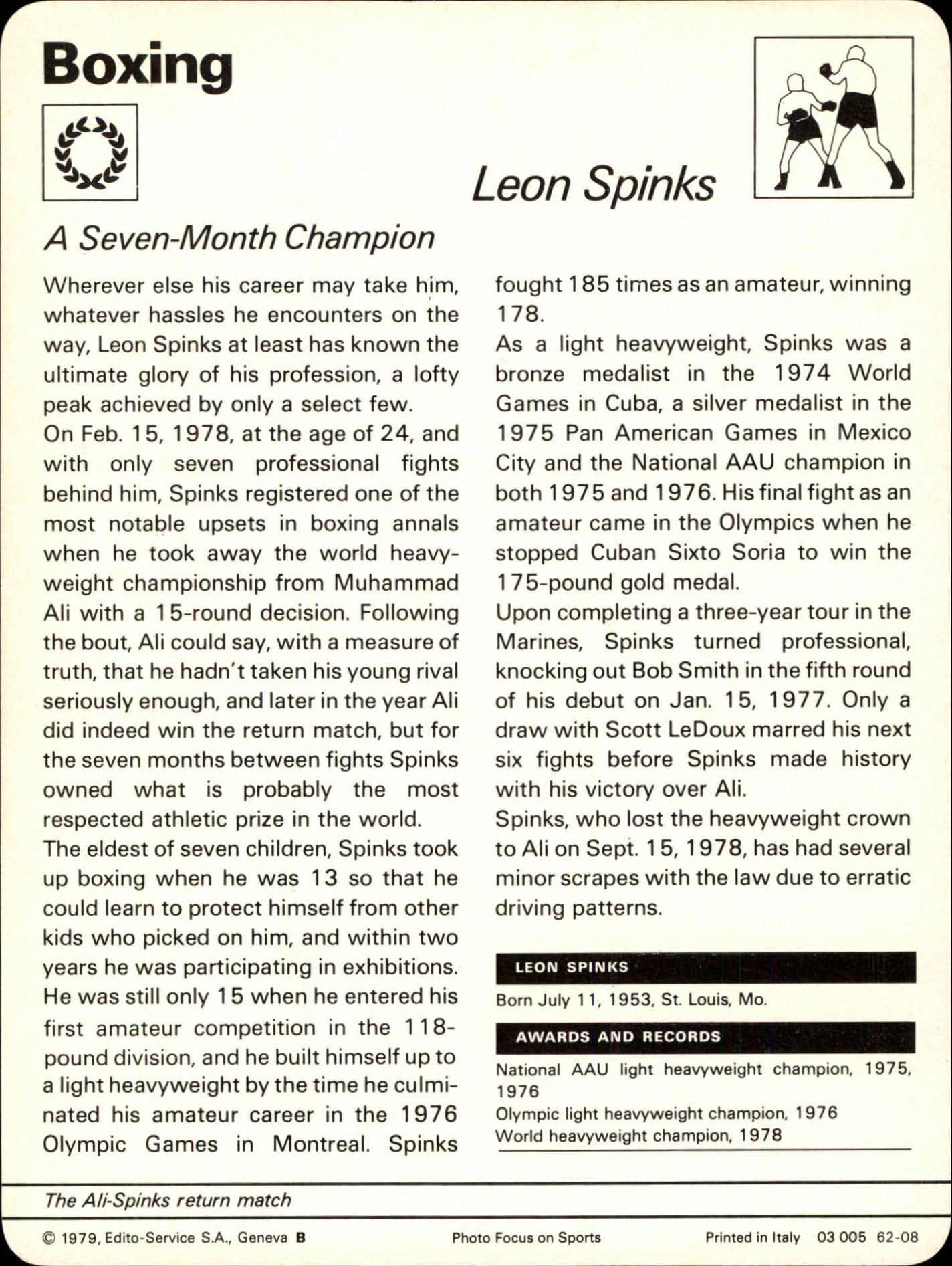 1977-79 Sportscaster Series 62 #6208 Leon Spinks back image