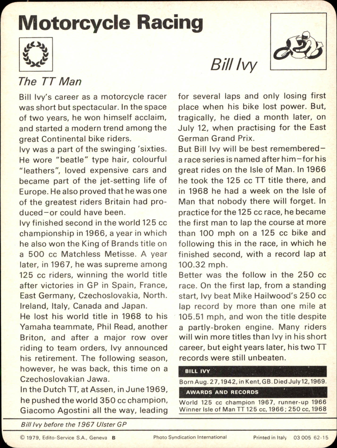 1977-79 Sportscaster Series 62 #6215 Bill Ivy back image