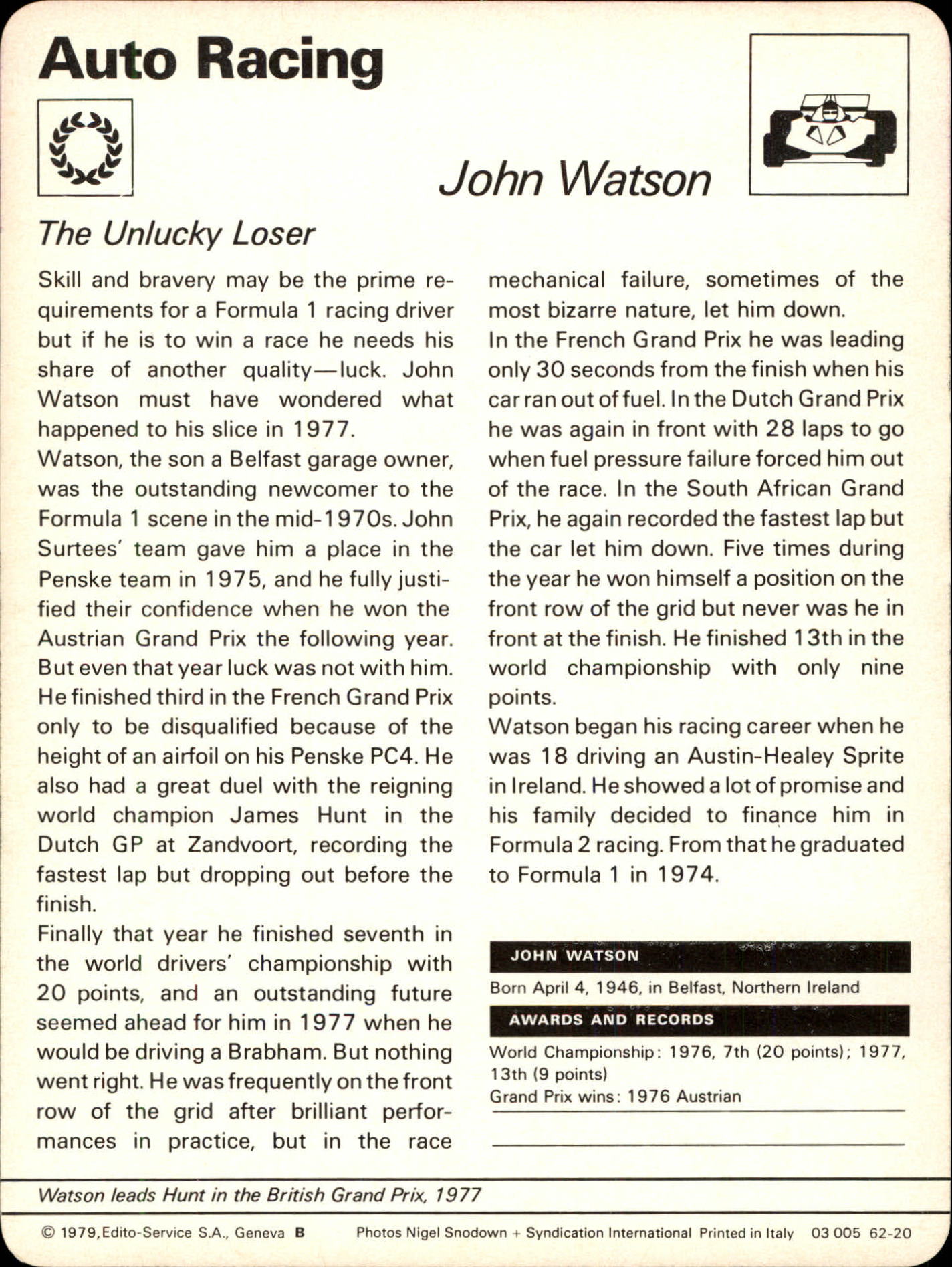 1977-79 Sportscaster Series 62 #6220 John Watson back image