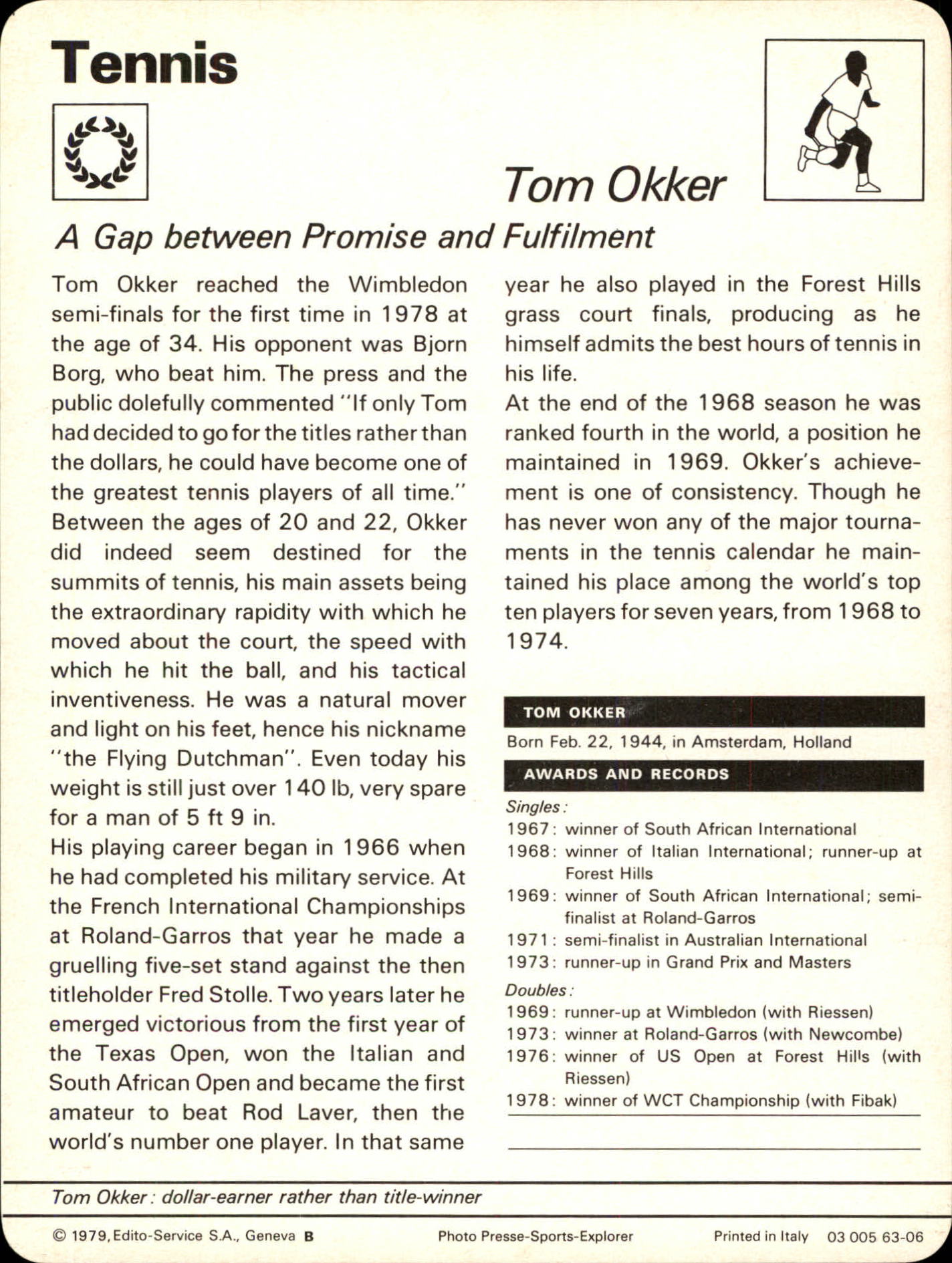 1977-79 Sportscaster Series 63 #6306 Tom Okker back image