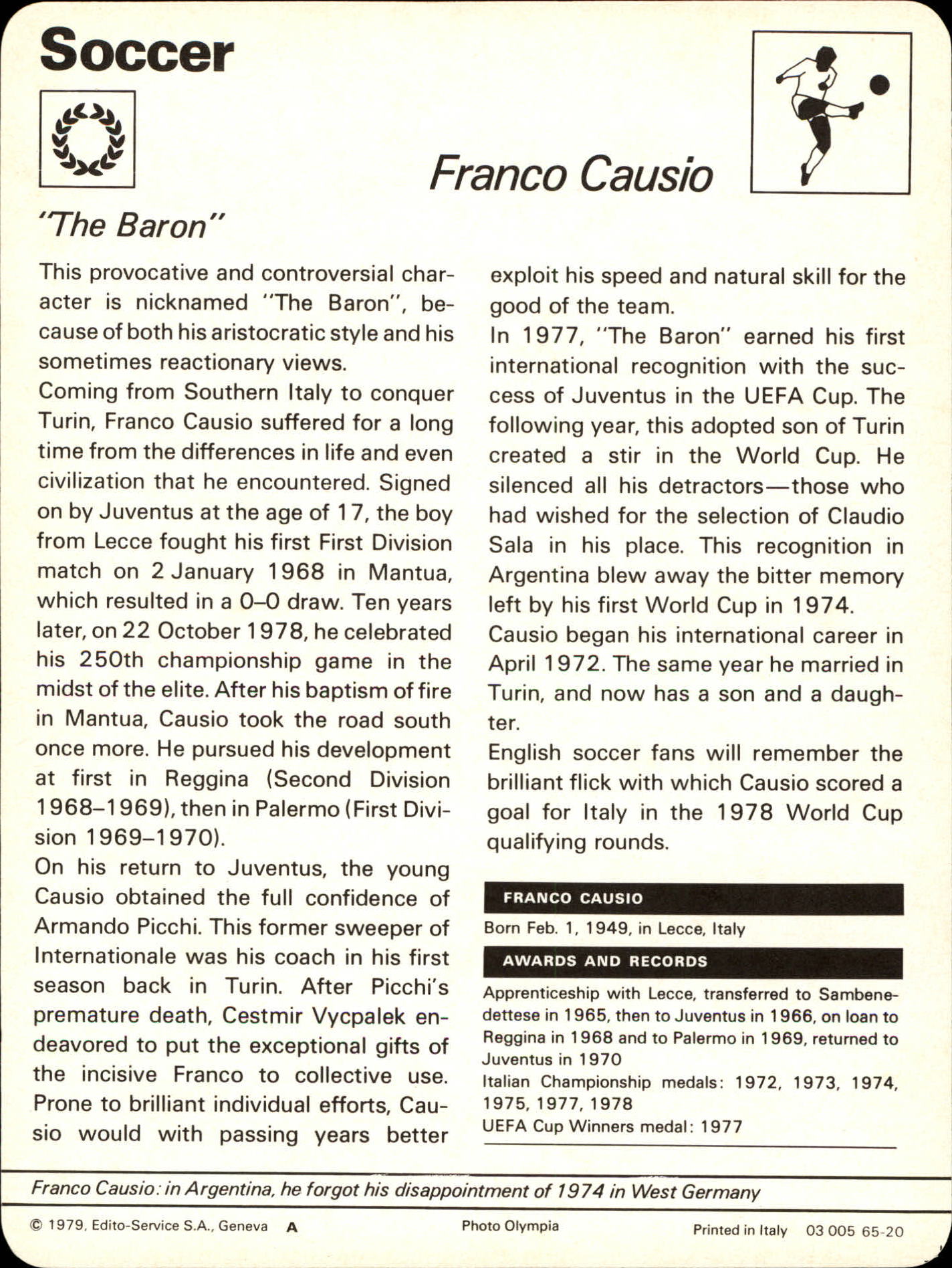 1977-79 Sportscaster Series 65 #6520 Franco Causio back image