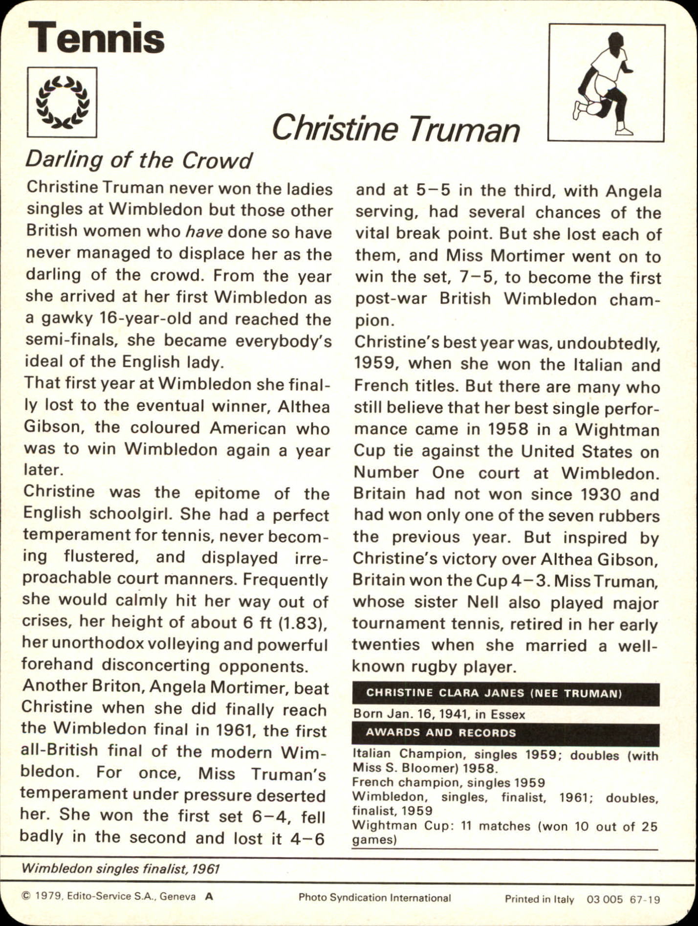 1977-79 Sportscaster Series 67 #6719 Christine Truman back image
