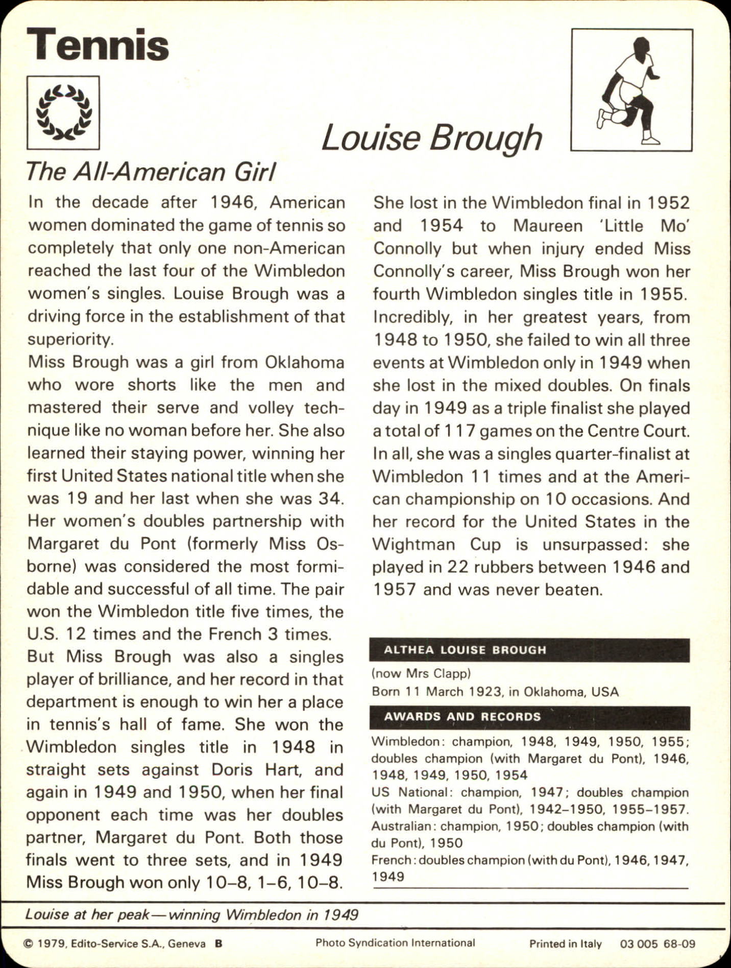 1977-79 Sportscaster Series 68 #6809 Louise Brough back image