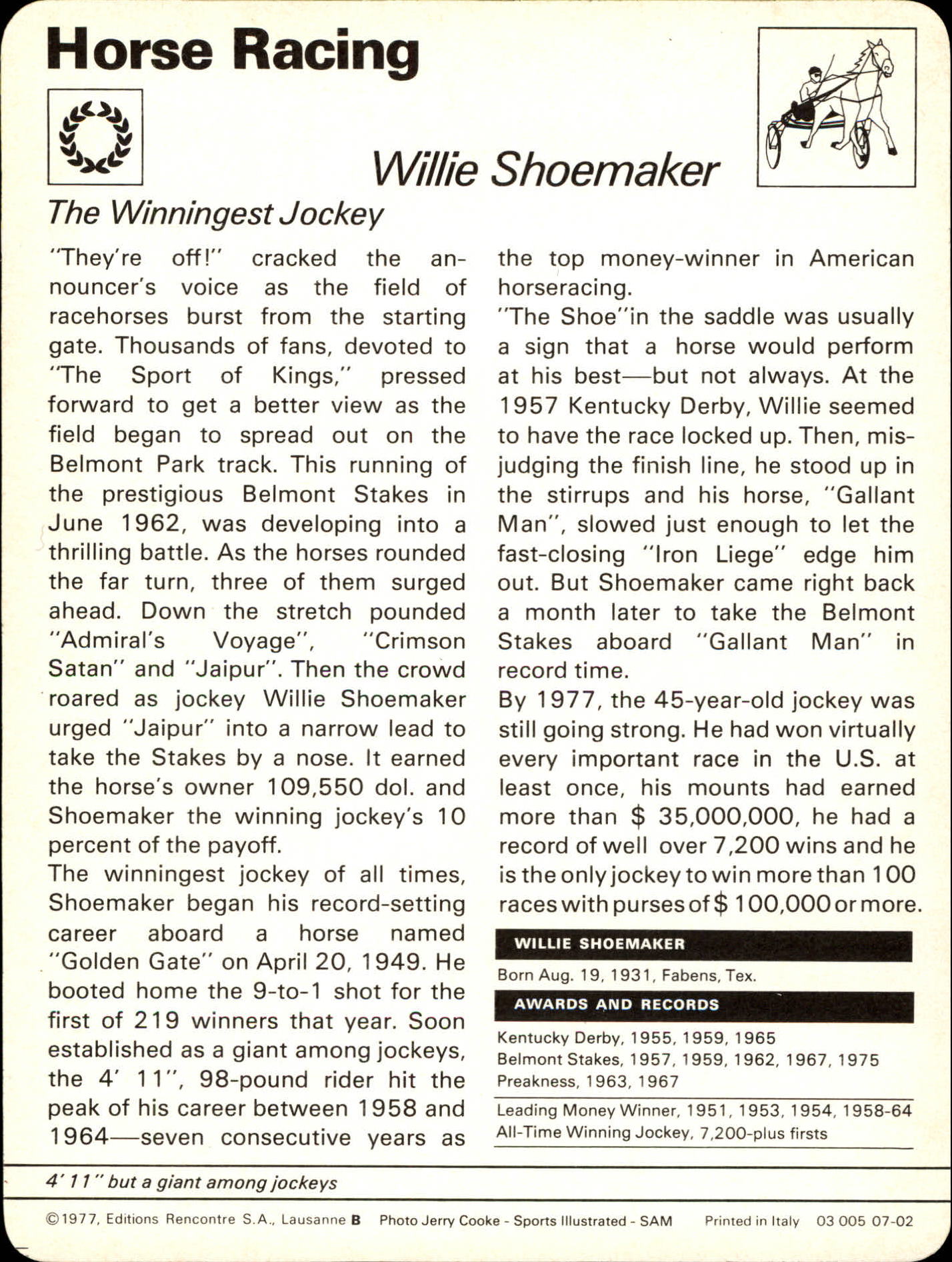 1977-79 Sportscaster Series 7 #702 Willie Shoemaker back image