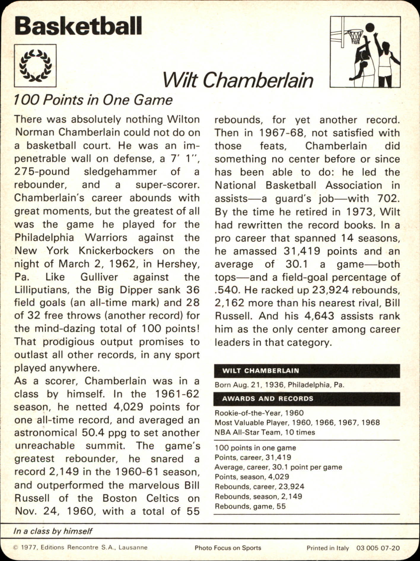 1977-79 Sportscaster Series 7 #720 Wilt Chamberlain back image