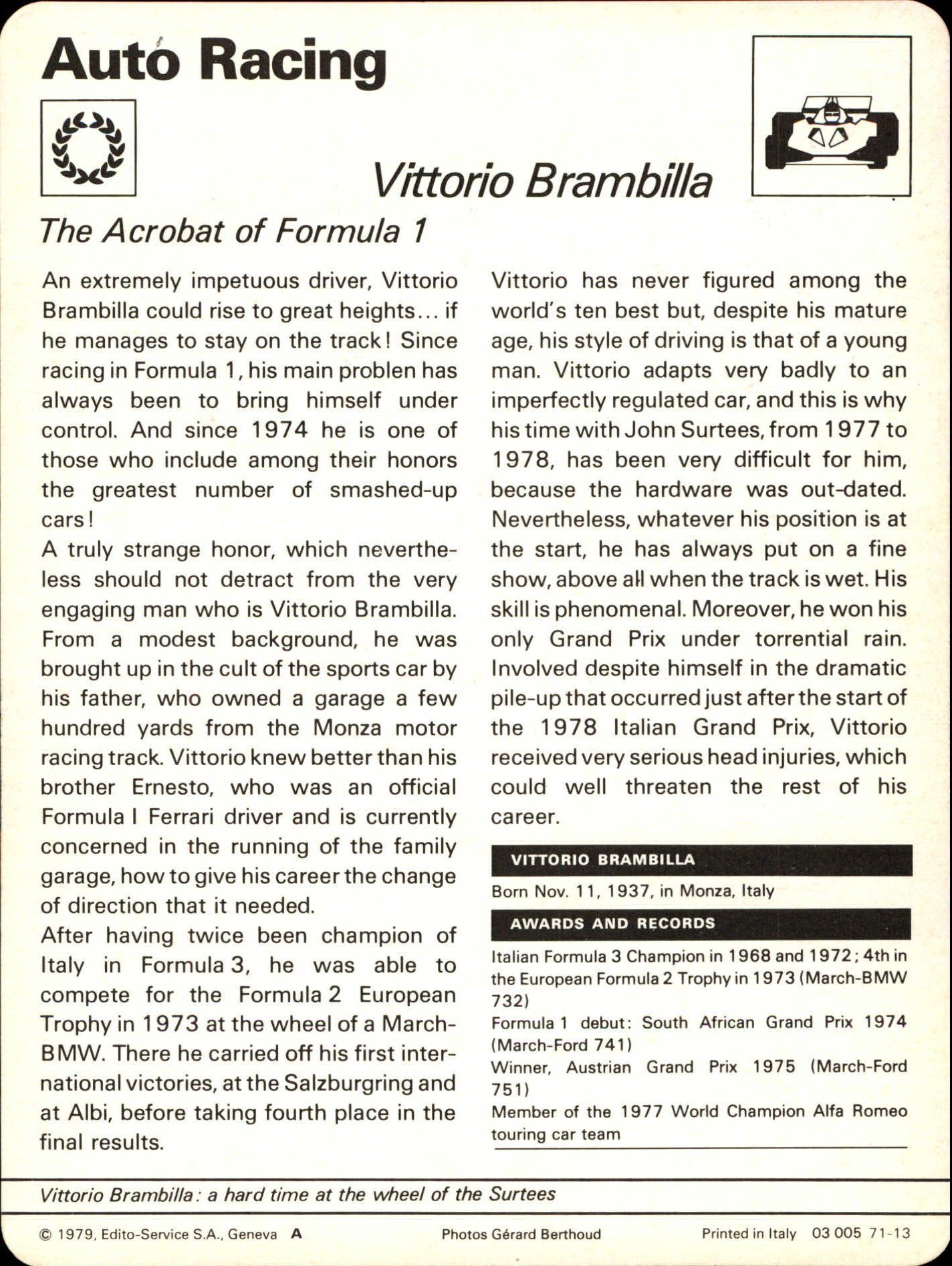 1977-79 Sportscaster Series 71 #7113 Vittorio Brambilla back image