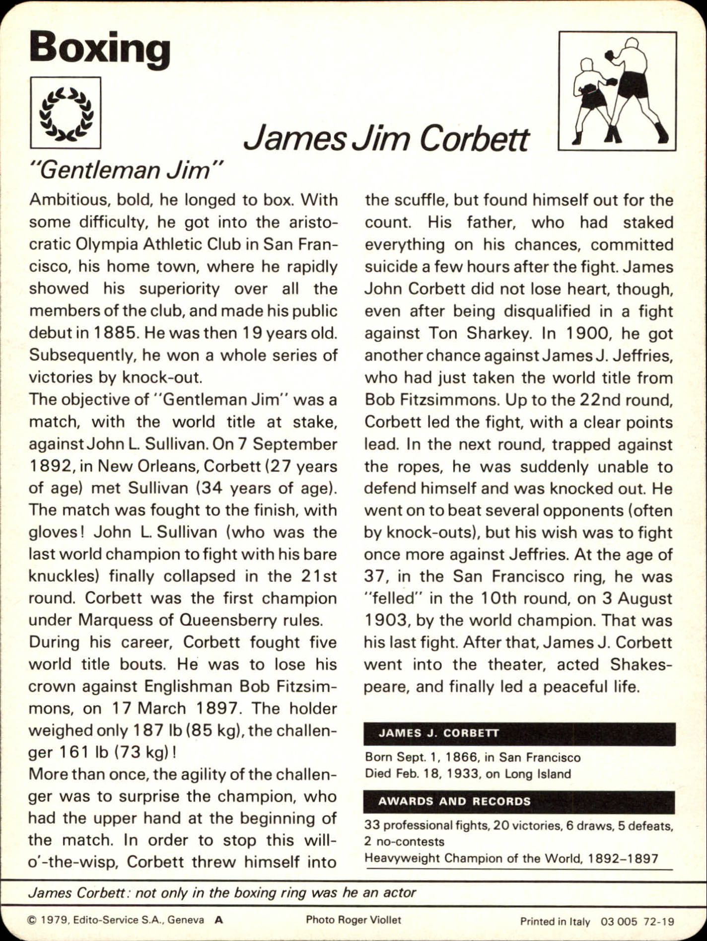 1977-79 Sportscaster Series 72 #7219 James Jim Corbett back image