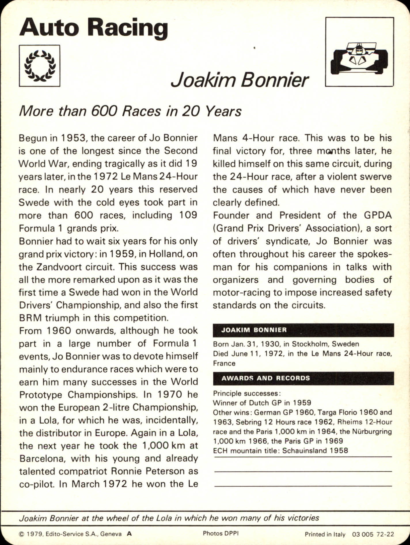 1977-79 Sportscaster Series 72 #7222 Joakim Bonnier back image
