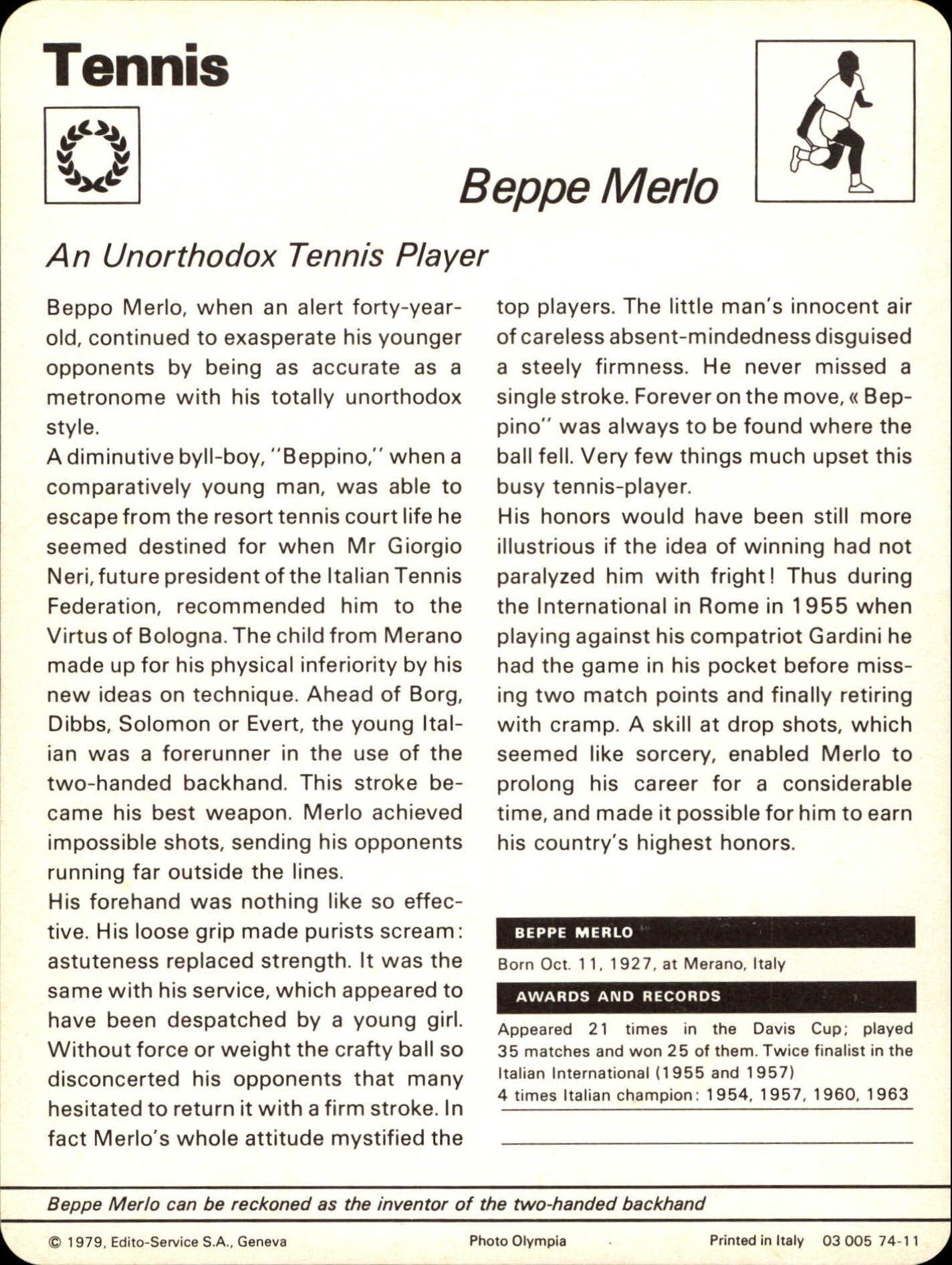 1977-79 Sportscaster Series 74 #7411 Beppe Merlo back image