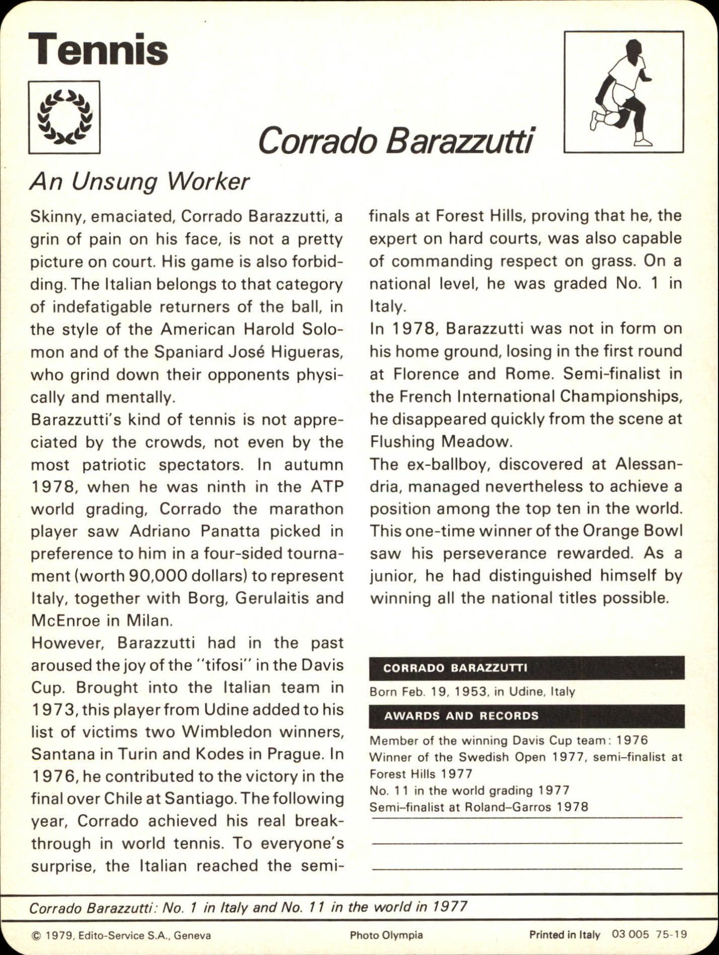 1977-79 Sportscaster Series 75 #7519 Corrado Barazzutti back image