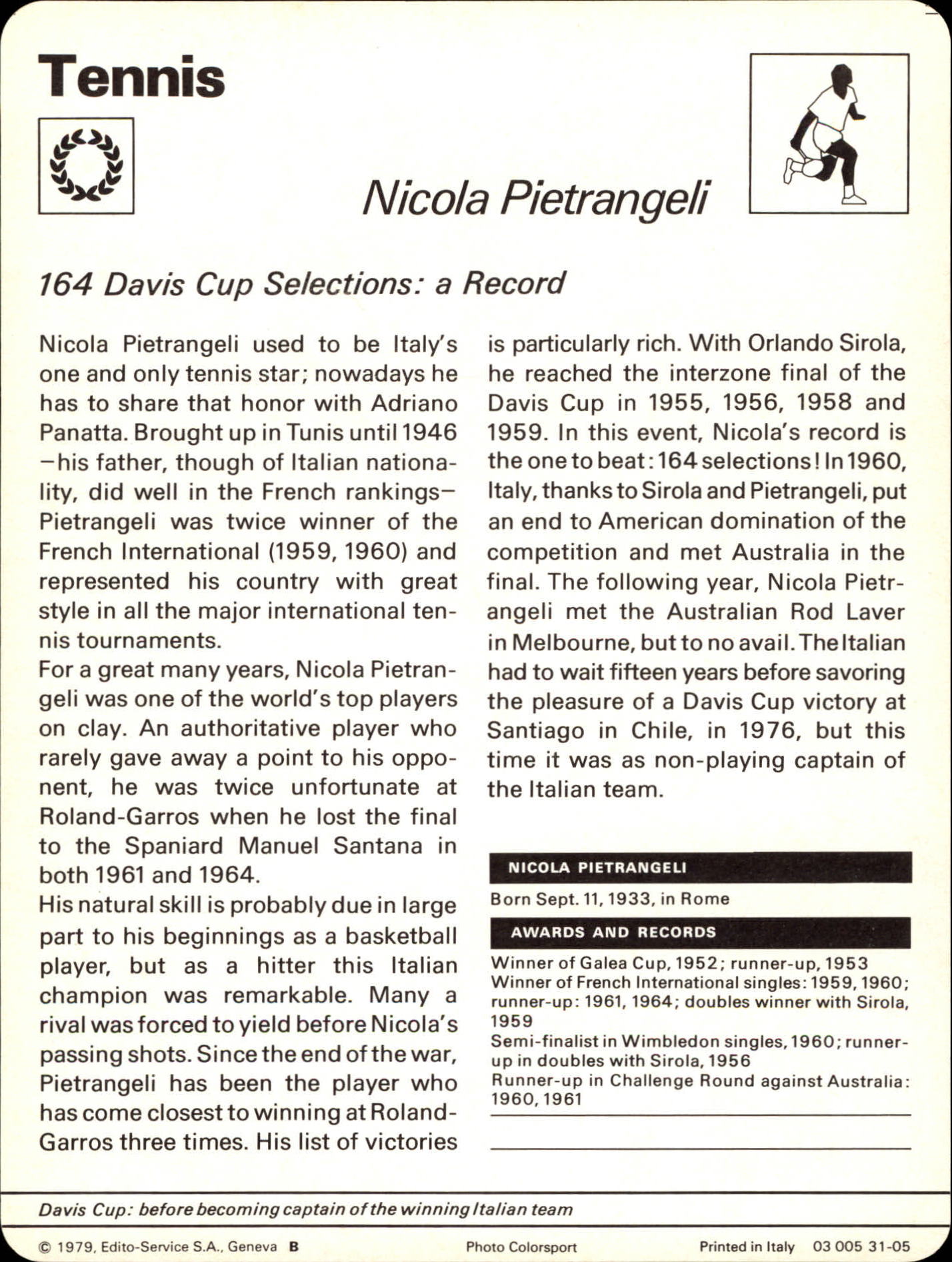 1977-79 Sportscaster Series 31 #3105 Nicola Pietrangeli back image