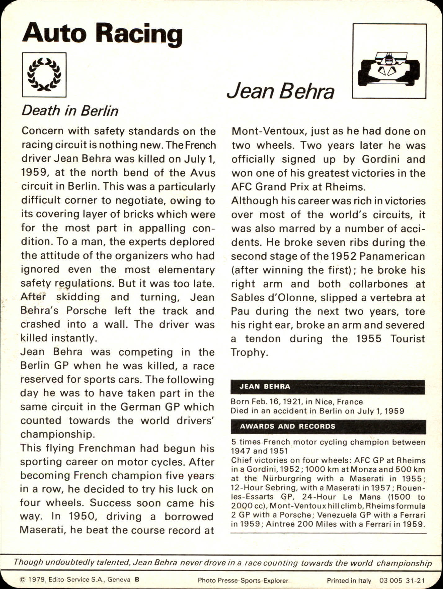 1977-79 Sportscaster Series 31 #3121 Jean Behra back image