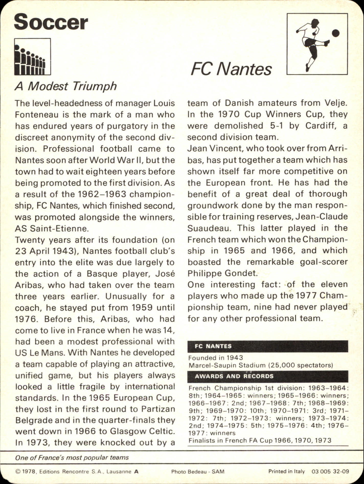 1977-79 Sportscaster Series 32 #3209 FC Nantes back image