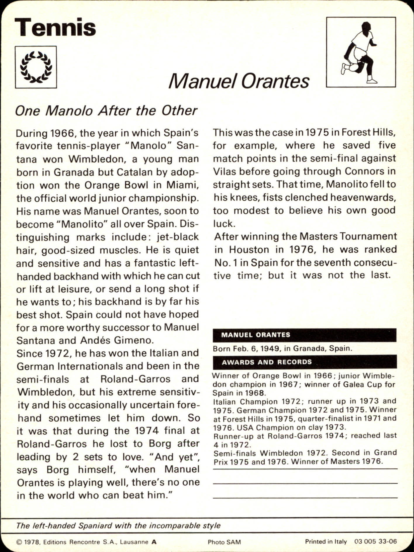 1977-79 Sportscaster Series 33 #3306 Manuel Orantes back image