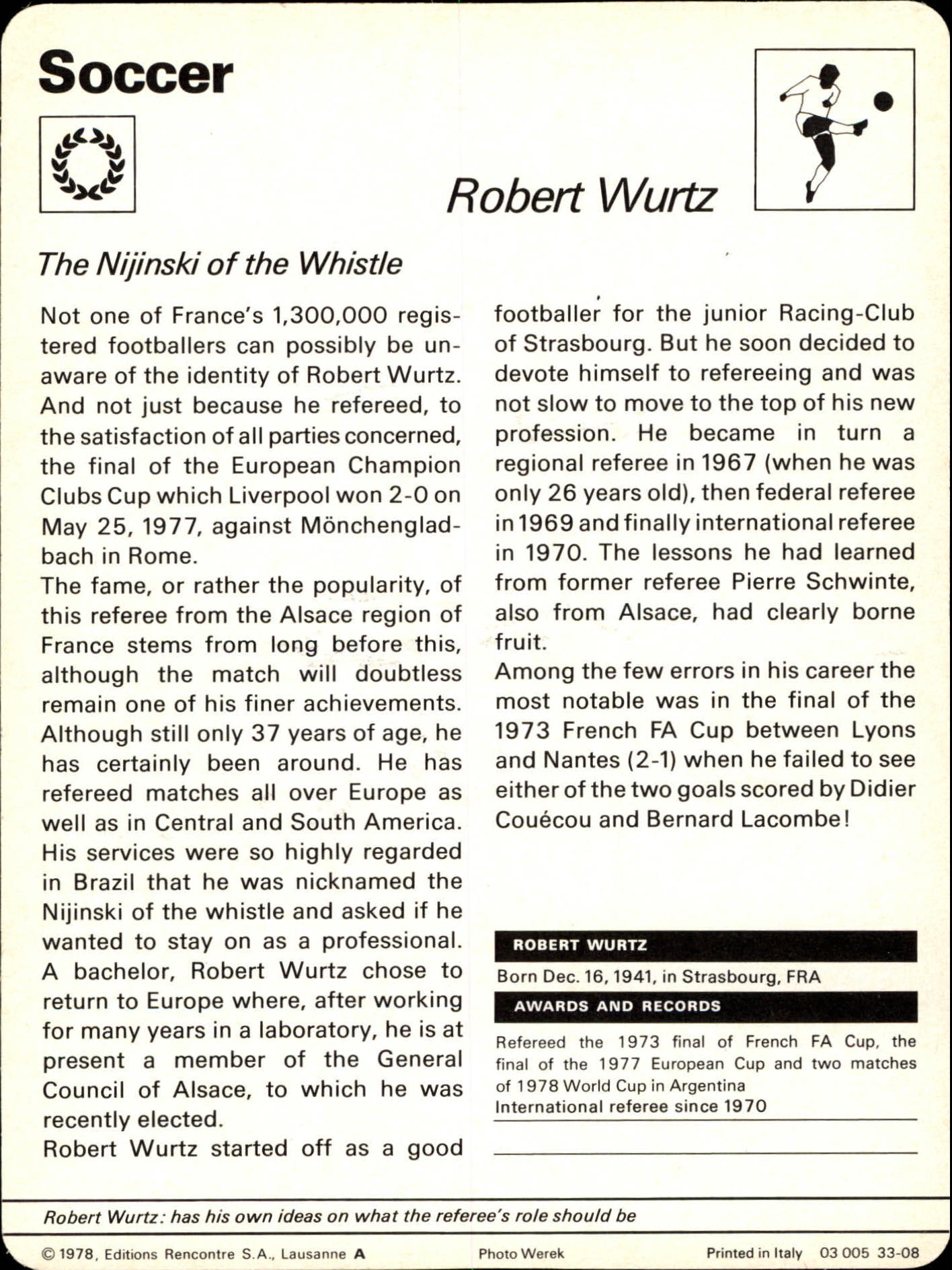 1977-79 Sportscaster Series 33 #3308 Robert Wurtz back image