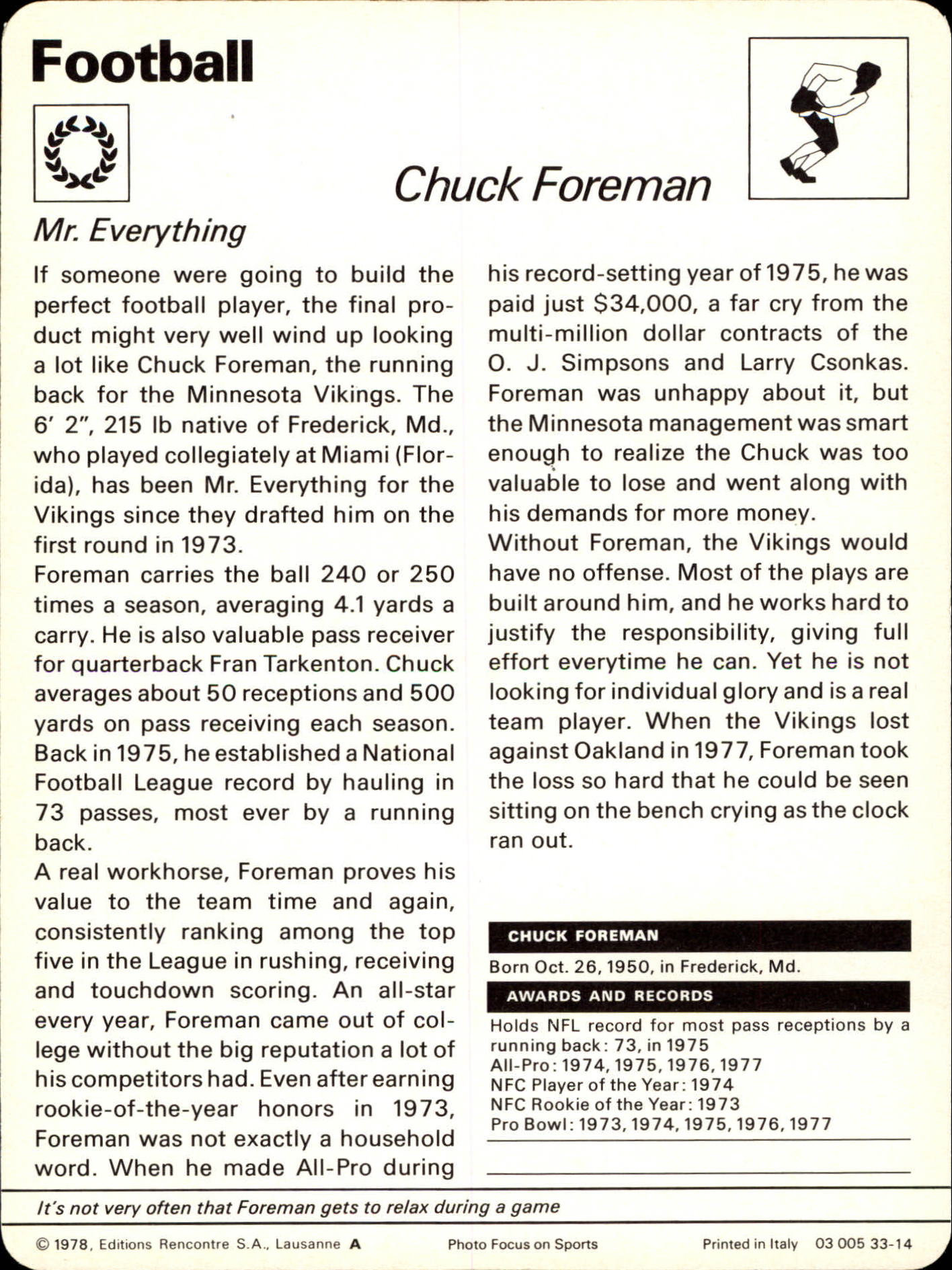 1977-79 Sportscaster Series 33 #3314 Chuck Foreman back image