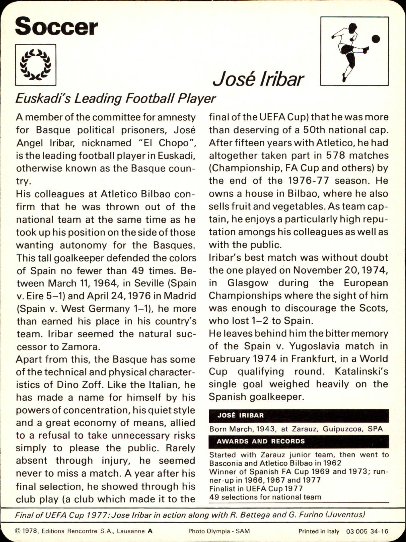 1977-79 Sportscaster Series 34 #3416 Jose Iribar back image