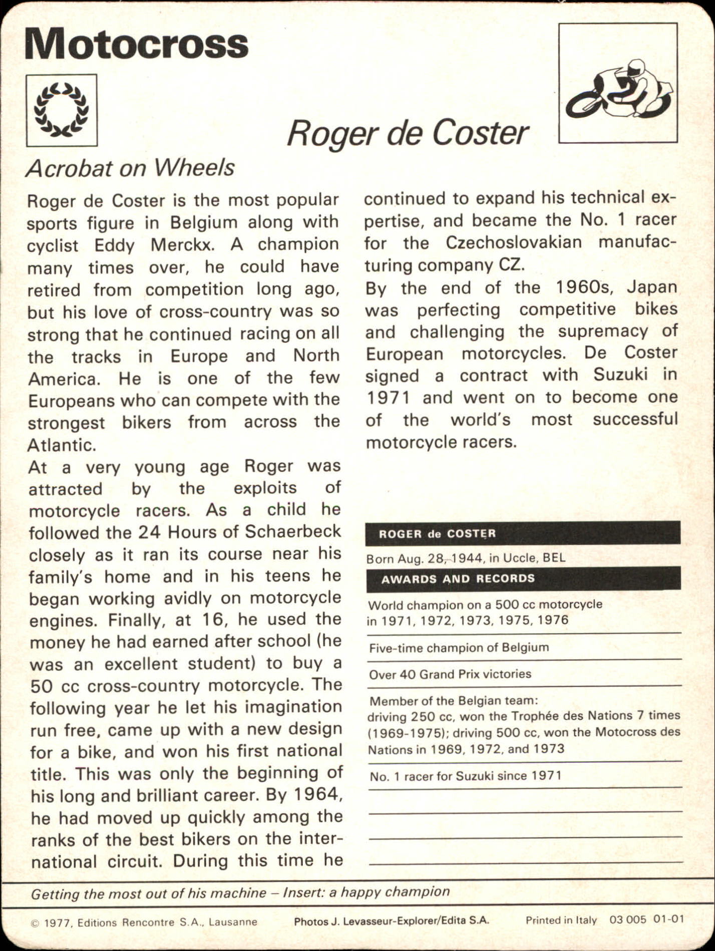 1977-79 Sportscaster Series 1 #101 Roger De Coster back image