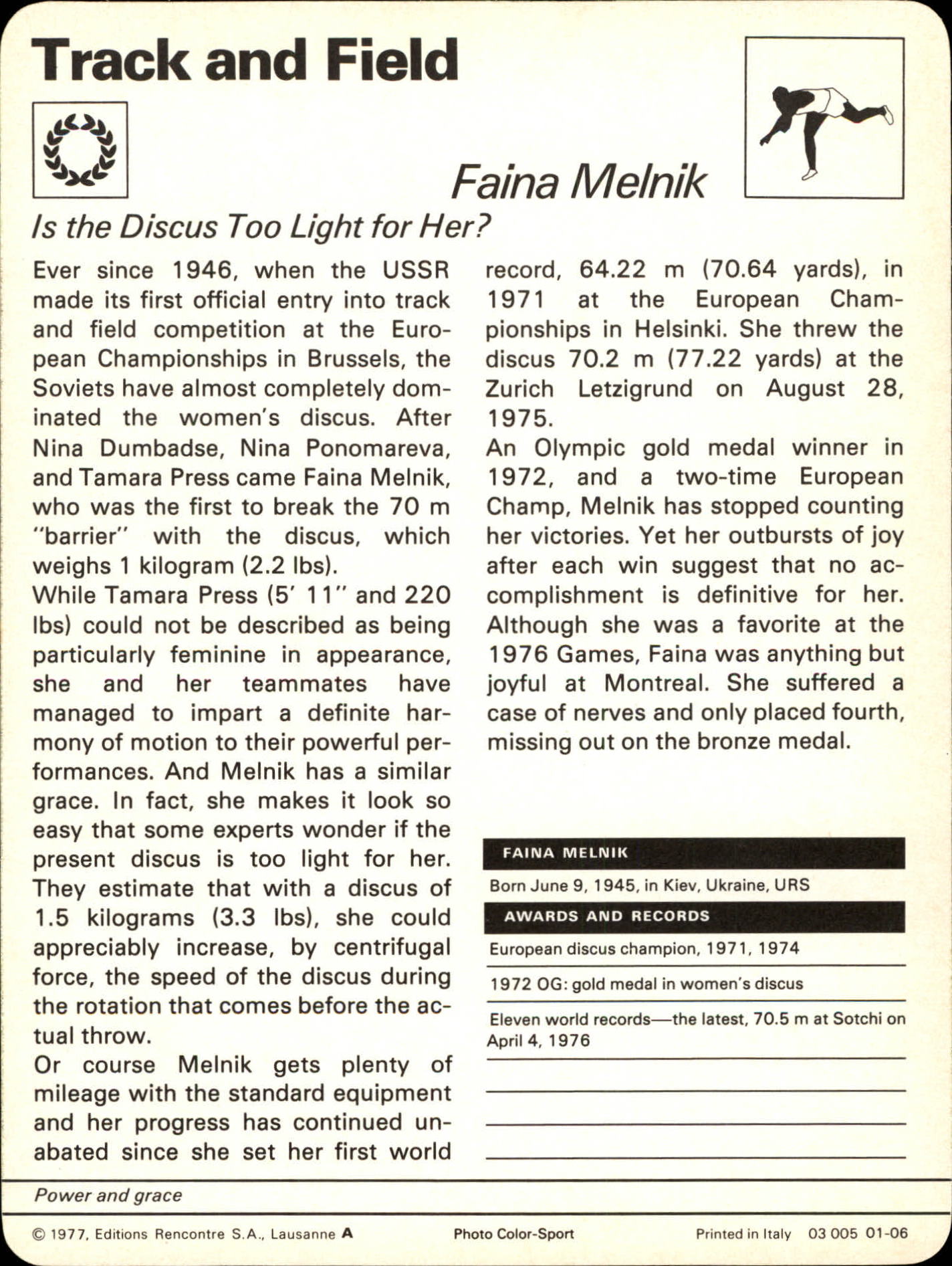 1977-79 Sportscaster Series 1 #106 Faina Melnik back image