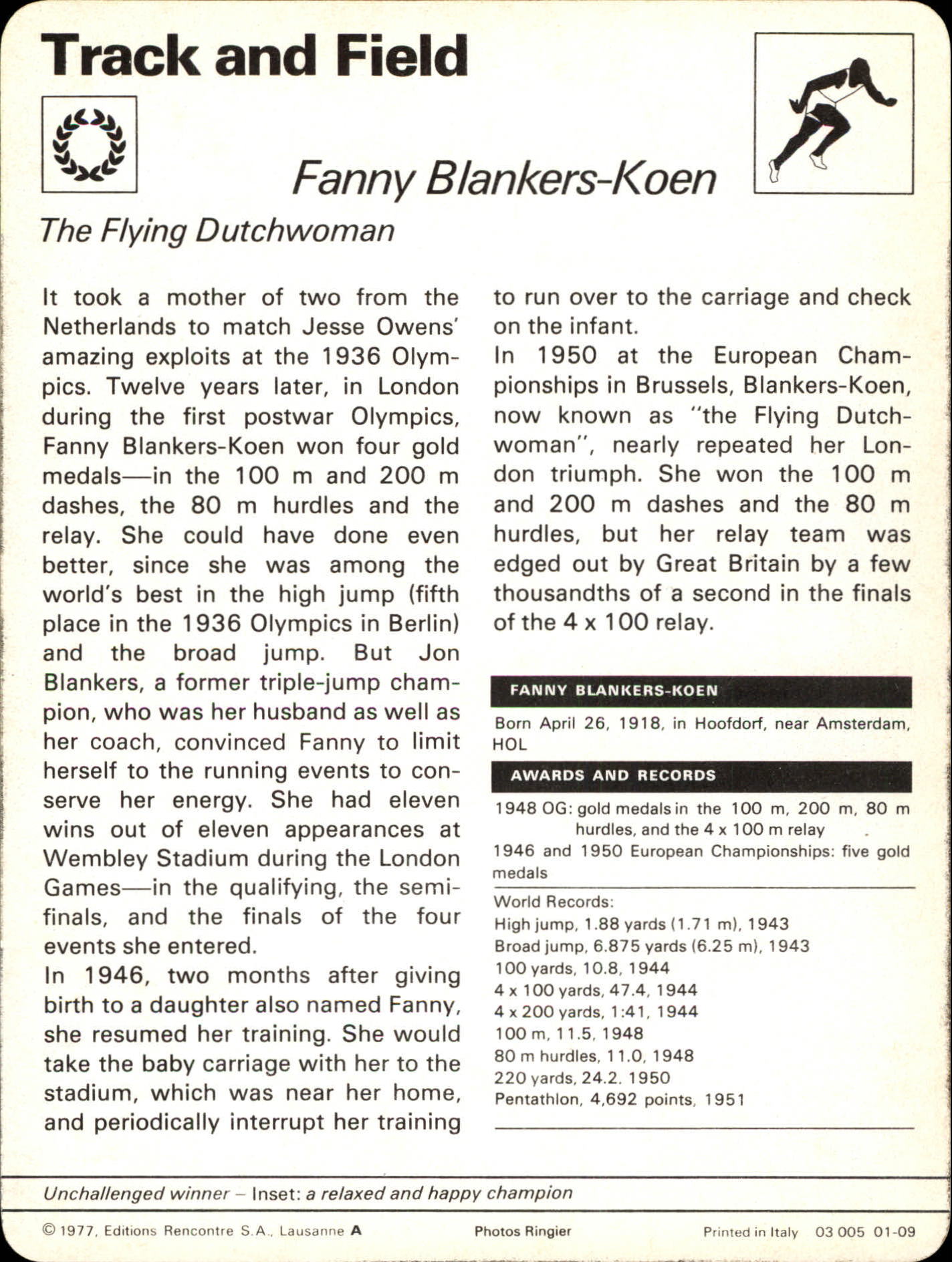 1977-79 Sportscaster Series 1 #109 Fanny Blankers-Koen back image