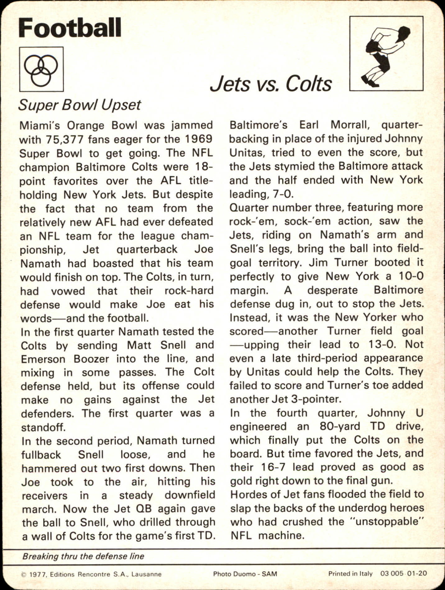 1977-79 Sportscaster Series 1 #120 Jets vs. Colts back image