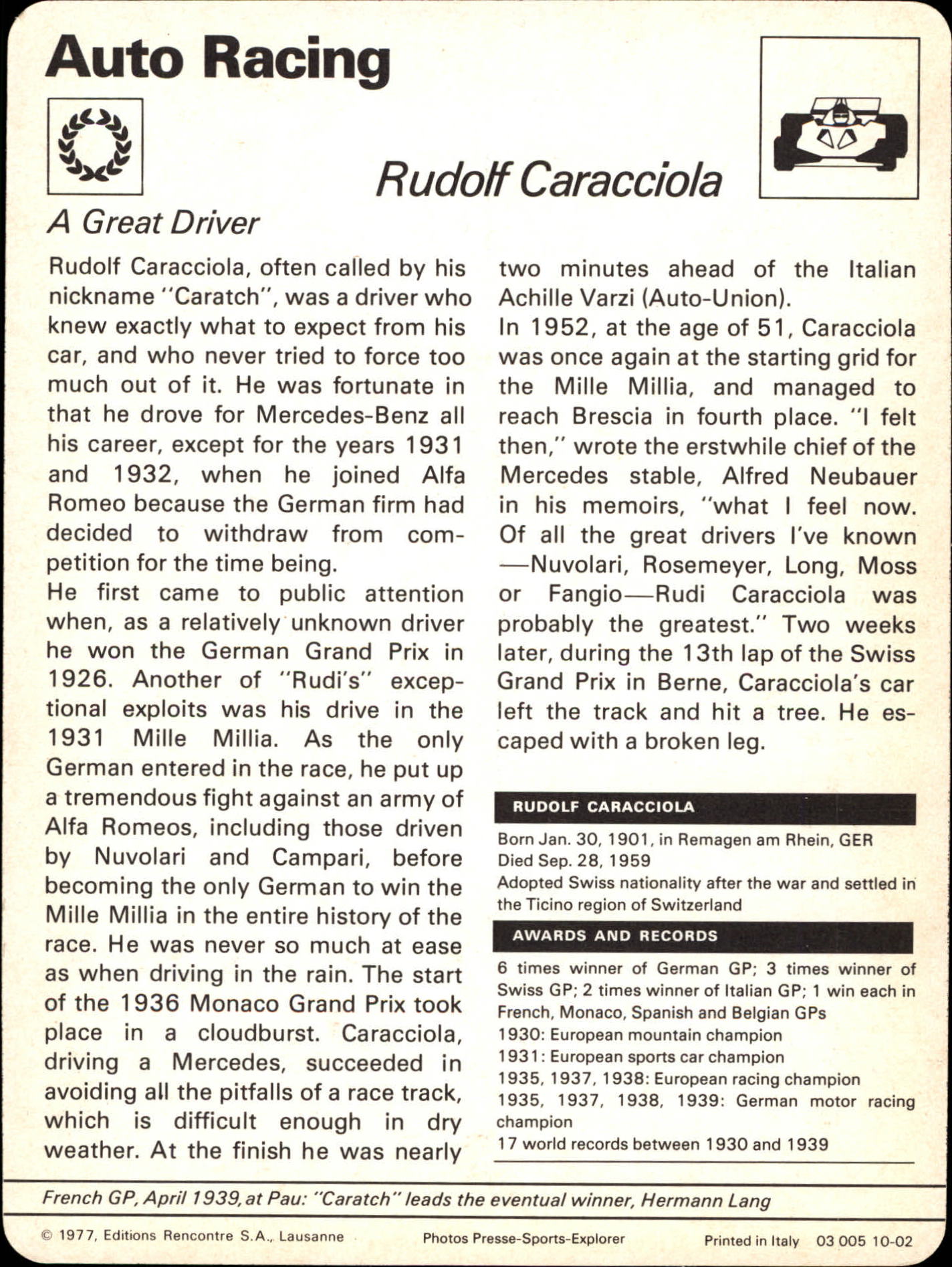 1977-79 Sportscaster Series 10 #1002 Rudolf Caracciola back image